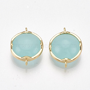 Brass Links connectors, with Glass, Flat Round, Nickel Free, Real 18K Gold Plated, Pale Turquoise, 15x11.5x5.5mm, Hole: 1mm(X-KK-S350-395D)