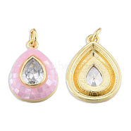 Brass Pave Clear Cubic Zirconia Pendants, with Jump Rings and Shell, Enamel, Real 18K Gold Plated, Nickel Free, Teardrop, Pink, 19x13.5x4.5mm, Jump Ring: 5x1mm, 3mm inner diameter(KK-N227-94C)