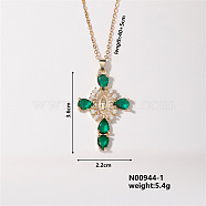 Elegant Vintage Corss with Virgin Mary Brass Micro Pave Cubic Zirconia Pendant Necklaces, Cable Chains Necklaces for Women, Green, 15.75 inch(400mm)(XD2097-1)