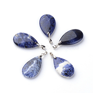 Natural Sodalite Pendants, with Brass Findings, teardrop, Platinum, 30x18x6mm, Hole: 5x4mm(X-G-Q484-A01)