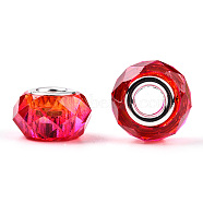 Transparent Resin European Beads, Imitation Crystal, Two-Tone Large Hole Beads, with Silver Tone Brass Double Cores, Faceted, Rondelle, Cerise, 14x8.5mm, Hole: 5mm(RPDL-T003-08I)