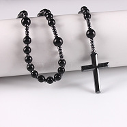 Synthetic Non-magnetic Hematite Round Beads Long Chain Cross Pendant Necklaces for Men(PM3640-1)