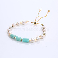 Natural Amazonite & Plastic Imitation Pearl Bead Slider Bracelets, Adjustable Brass Bead Bracelets for Women, (AT8786-2)