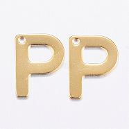 304 Stainless Steel Charms, Letter, Initial Charms, Real 18k Gold Plated, Letter.P, 11x6~12x0.8mm, Hole: 1mm(STAS-P141-P)