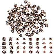 200Pcs 4 Style Tibetan Style Alloy Beads, Lead Free & Cadmium Free, Bicone & Rondelle & Column, Red Copper, 7~8.5x7~8.5x3.5~5.5mm, Hole: 1~5mm, 50pcs/style(FIND-DC0002-74)