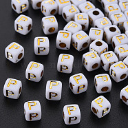 Opaque White Acrylic Beads, Metal Enlaced, Cube with Letters, Letter.P, 4.5mm, Hole: 2mm, about 5000pcs/500g(MACR-Q242-010P)
