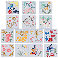 14Pcs 14 Styles PET Plastic Hollow Out Drawing Painting Stencils Templates, Square with Flower & Bird & Bees & Butterfly Pattern, Mixed Patterns, 150x150x0.2mm, Hole: 8mm, 1pc/style(DIY-GF0007-44)