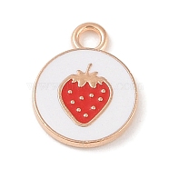 Alloy Enamel Pendants, Light Gold, Flat Round with Strawberry Charm, White, 17x13x2mm, Hole: 2.4mm(X-ENAM-Z010-23KCG)