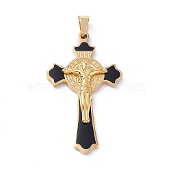 Easter Theme PVD Vacuum Plating 304 Stainless Steel Enamel Pendants, Crucifix Cross, Black, 45x25.5x4.5mm, Hole: 4x7.5mm(STAS-A053-18G-A)