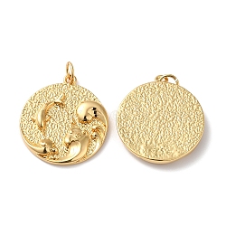Rack Plating Brass Pendants, with Jump Ring, Lead Free & Cadmium Free, Long-Lasting Plated, Flat Round with Wave & Dolphin Charm, Real 18K Gold Plated, 23x20.5x3.5mm, Hole: 3.5mm(KK-D074-18G)