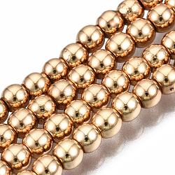 Electroplate Non-magnetic Synthetic Hematite Bead Strands, Round, Light Gold Plated, 3mm, Hole: 1mm, about 130~140pcs/strand, 15.7 inch(X-G-Q466-3mm-04)