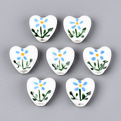 Handmade Porcelain Ceramic Beads, Hand Painted, Heart with Flower Pattern, Famille Rose Style, Green, 15x15x7mm, Hole: 3mm(PORC-T134-28C)