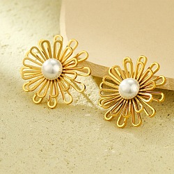 304 Stainless Steel ABS pearl Stud Earrings, Flower, Golden, 26x26mm(EJEW-S226-08G)