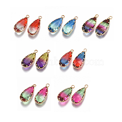 Two Tone Glass Pendants, with Brass Findings, Faceted, Teardrop, Golden, Mixed Color, 24x10.5x6mm, Hole: 1.5mm(X-GLAA-S179-02-M)