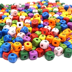 Natural Wood Beads, Dyed, Cube with Mixed Letter, Mixed Color, 10x10mm, Hole: 3mm, about 1000pcs/500g(WOOD-TAC0003-76)