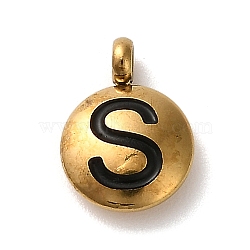 304 Stainless Steel Black Enamel Charms, Golden, Flat Round with Letter Charm, Letter S, 11x8x2.5mm, Hole: 1.8mm(STAS-R009-01G-S)