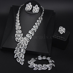 Feather Alloy Crystal Rhinestone Link Bracelets & Stud Earrings & Chain Necklaces & Rings Sets, Platinum, 450mm(FS-WGFA57F-01)