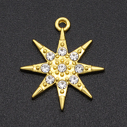 Alloy Rhinestone Pendants, Eight Pointed Star, Golden, Crystal, 19.5x17x2mm, Hole: 1.2mm(PALLOY-S098-DA005-3)