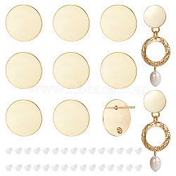 10Pcs Rack Plating Brass Flat Round Stud Earring Findings, with Vertical Loops and 925 Silver Pins, Cadmium Free & Lead Free, with 30Pcs Plastic Ear Nuts, Real 14K Gold Plated, 16mm, Hole: 1.5mm, Pin: 0.8mm(KK-BC0010-97)