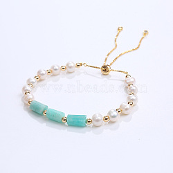 Natural Amazonite & Plastic Imitation Pearl Bead Slider Bracelets, Adjustable Brass Bead Bracelets for Women, (AT8786-2)