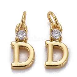 Brass Micro Pave Clear Cubic Zirconia Pendants, with Jump Rings, Real 18K Gold Plated, Long-Lasting Plated, Letter, Letter.D, 9.5x5x2mm(ZIRC-Z011-35D)