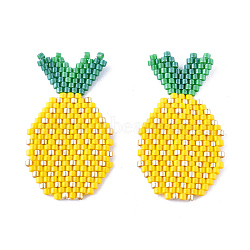 Handmade Seed Beads Pendants, with Elastic Thread, Loom Pattern, Pineapple, Yellow, 37~38x21x1.5~2mm(SEED-I012-23)