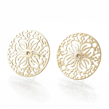 Brass Ear Studs, Flat Round with Flower, Real 18K Gold Plated, 15mm, Pin: 0.6mm.