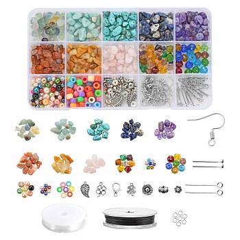 DIY Jewelry Set Making Kits, Including Natural & Synthetic Mixed Stone Chip Beads, Glass & Plastic & Acrylic Rhinestone Beads, Alloy Pendants, 304 Stainless Steel Pins & Jump Rings, Iron Earring Hooks, Zinc Alloy Clasps, Elastic Thread, Mixed Color, Gemstone Chip Beads: 80g/set