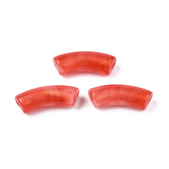 Opaque Acrylic Beads, Two Tone Color, with Glitter Powder, Curved Tube, Orange Red, 35x13x11mm, Hole: 3.5mm, about 148pcs/500g