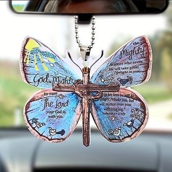 Colorful Butterfly Faith Jesus Cross Acrylic Pendant Decoration, for Car Rear View Mirror Hanging Ornament, 294mm, Pendant: 67x80x4mm