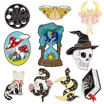 10Pcs 10 Style Gothic Skull & Snake & Mushroom & Butterfly & Moon Phase Enamel Pins, Alloy Brooches for Backpack Clothes, Mixed Color, 13~35x20.5~30x1.5~9mm, Pin: 1~1.3mm, 1Pc/style