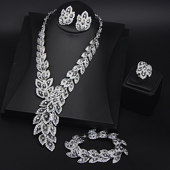 Feather Alloy Crystal Rhinestone Link Bracelets & Stud Earrings & Chain Necklaces & Rings Sets, Platinum, 450mm