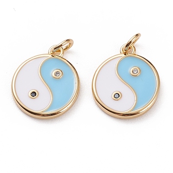 Brass Micro Pave Clear Cubic Zirconia Pendants, with Enamel & Jump Rings, Flat Round with Yin Yang, Golden, Light Sky Blue, 15x12.5x2mm, Jump Ring: 5x1mm, 3mm Inner Diameter