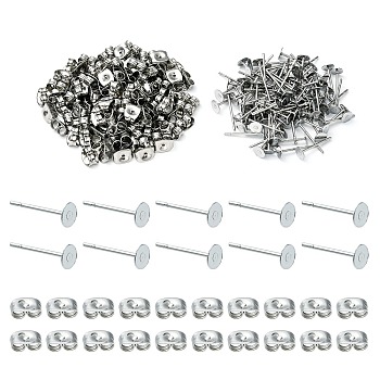 100Pcs 304 Stainless Steel Stud Earring Findings, Flat Round Pad Base Earring Settings, with 100Pcs Friction Ear Nuts, Stainless Steel Color, 12x4mm, Pin: 0.8mm