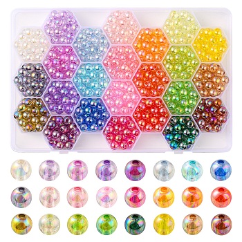 576Pcs 24 Colors Transparent Acrylic Beads, AB Color Plated, Round, Mixed Color, 8x7mm, Hole: 2mm, about 24pcs/color