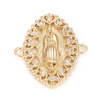 Brass Micro Pave Clear Cubic Zirconia Links Connectors, Long-Lasting Plated, for Religion, Oval with Virgin Mary & Heart, Clear, Real 18K Gold Plated, 22x19x2mm, Hole: 1.5mm