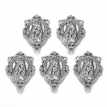 Alloy Chandelier Component Links, 3 Loop Connectors, for Religion, Cadmium Free & Lead Free, Oval with Virgin Mary & Words, Antique Silver, 29x20x3mm, Hole: 1.8mm and 1mm
