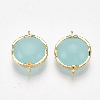 Brass Links connectors, with Glass, Flat Round, Nickel Free, Real 18K Gold Plated, Pale Turquoise, 15x11.5x5.5mm, Hole: 1mm