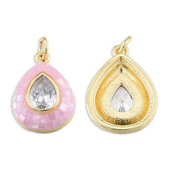 Brass Pave Clear Cubic Zirconia Pendants, with Jump Rings and Shell, Enamel, Real 18K Gold Plated, Nickel Free, Teardrop, Pink, 19x13.5x4.5mm, Jump Ring: 5x1mm, 3mm inner diameter