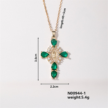 Elegant Vintage Corss with Virgin Mary Brass Micro Pave Cubic Zirconia Pendant Necklaces, Cable Chains Necklaces for Women, Green, 15.75 inch(400mm)