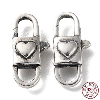 925 Thailand Sterling Silver Lobster Claw Clasps, Heart Lock, with 925 Stamp, Antique Silver, 15x7x4mm, Hole: 3x3mm