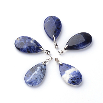 Natural Sodalite Pendants, with Brass Findings, teardrop, Platinum, 30x18x6mm, Hole: 5x4mm