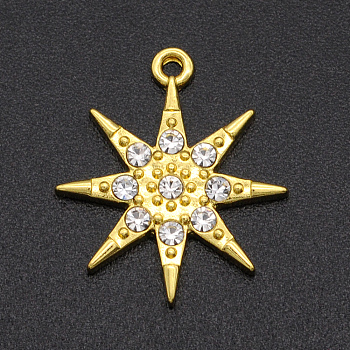 Alloy Rhinestone Pendants, Eight Pointed Star, Golden, Crystal, 19.5x17x2mm, Hole: 1.2mm