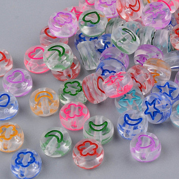 Transparent Clear Acrylic Enamel Beads, Flat Round with Mixed Color Star & Moon & Flower & Heart, 7x4mm, Hole: 1.5mm, about 1440pcs/200g
