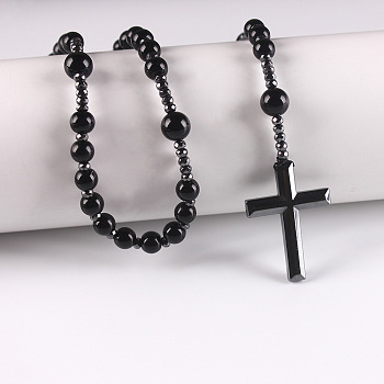 Synthetic Non-magnetic Hematite Round Beads Long Chain Cross Pendant Necklaces for Men