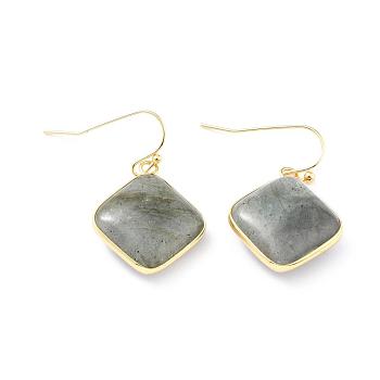 Natural Labradorite Dangle Earrings, Square, with Brass Findings, Lead Free & Cadmium Free, Golden, 35mm, Pin: 0.6mm