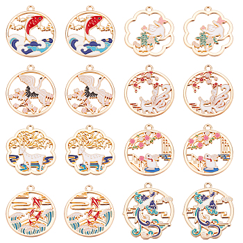 32Pcs 8 Style Rack Plating Alloy Enamel Pendants, Cadmium Free & Nickel Free & Lead Free, Light Gold, Mixed Shapes, Mixed Color, 20~30x26.5~27.5x1.5~2.5mm, Hole: 1.5~2mm, 4pcs/style