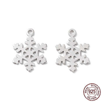 Rhodium Plated 925 Sterling Silver Charms, Snowflake Charm, Real Platinum Plated, 11.5x8x0.6mm, Hole: 0.9mm