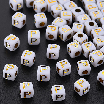 Opaque White Acrylic Beads, Metal Enlaced, Cube with Letters, Letter.P, 4.5mm, Hole: 2mm, about 5000pcs/500g