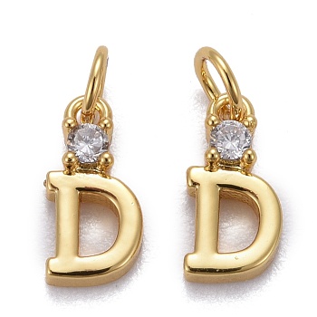 Brass Micro Pave Clear Cubic Zirconia Pendants, with Jump Rings, Real 18K Gold Plated, Long-Lasting Plated, Letter, Letter.D, 9.5x5x2mm